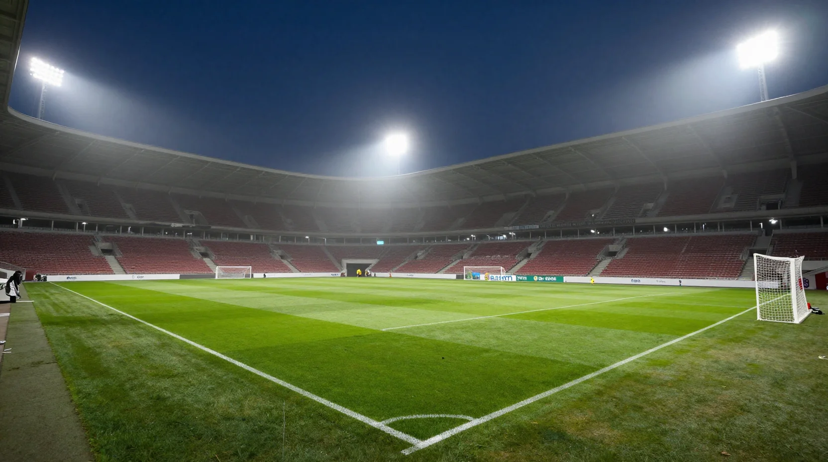 Dramatic nighttime scene at Estádio da Luz with floodlights illuminating the pitch