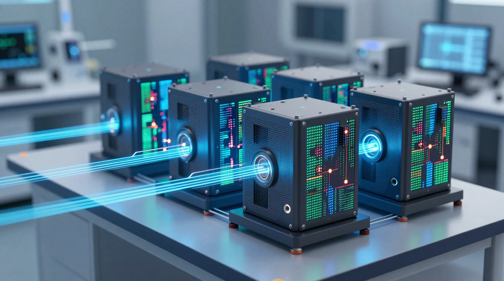 Futuristic laboratory visualization of Zama's homomorphic encryption technology