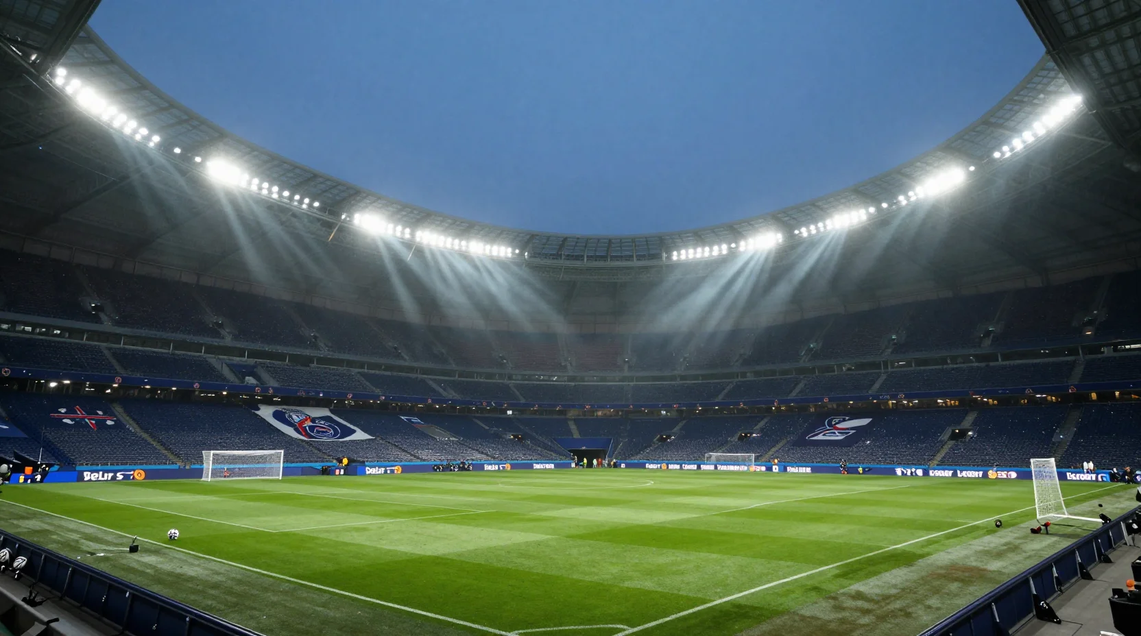 Dramatic Champions League night scene at Parc des Princes stadium