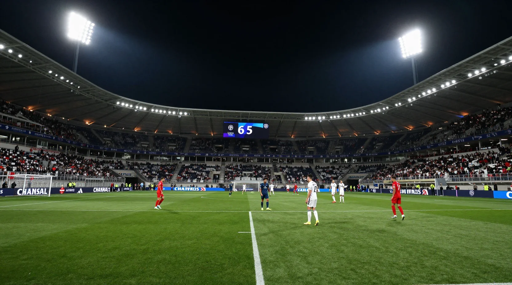 Champions League match scene at Stade Louis II with dramatic floodlights