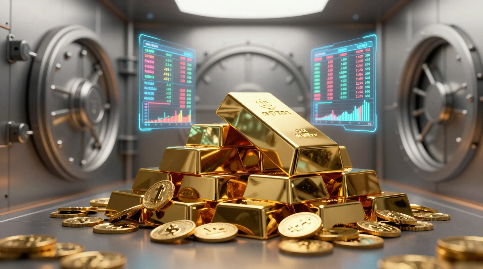 Gold bars and digital charts in a modern trading vault