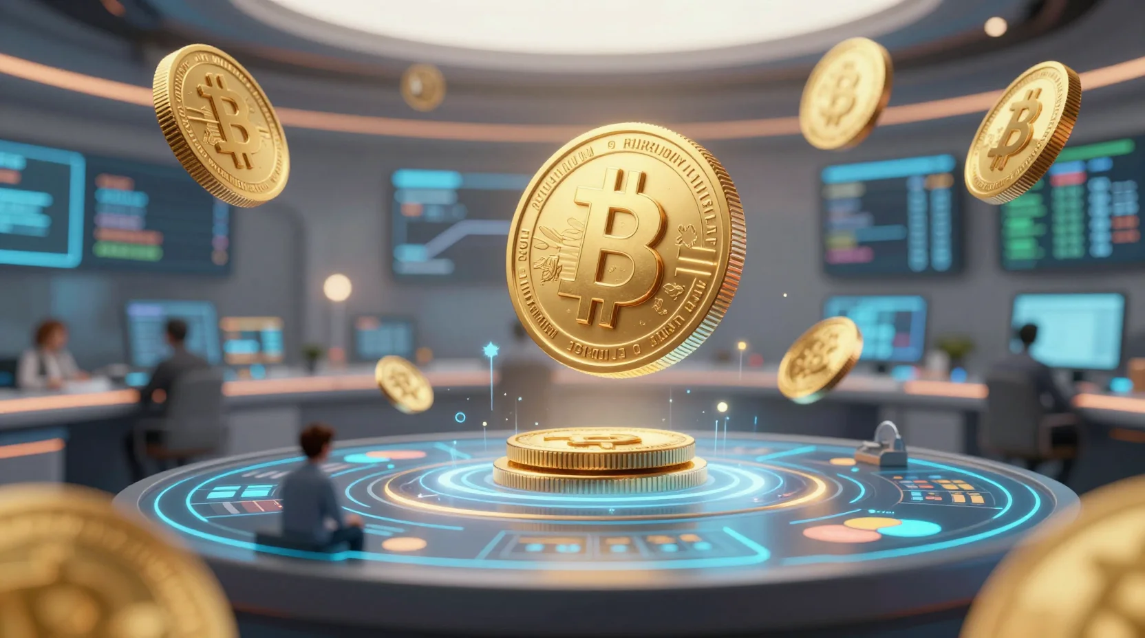 Futuristic decentralized trading floor where commodities and crypto markets converge