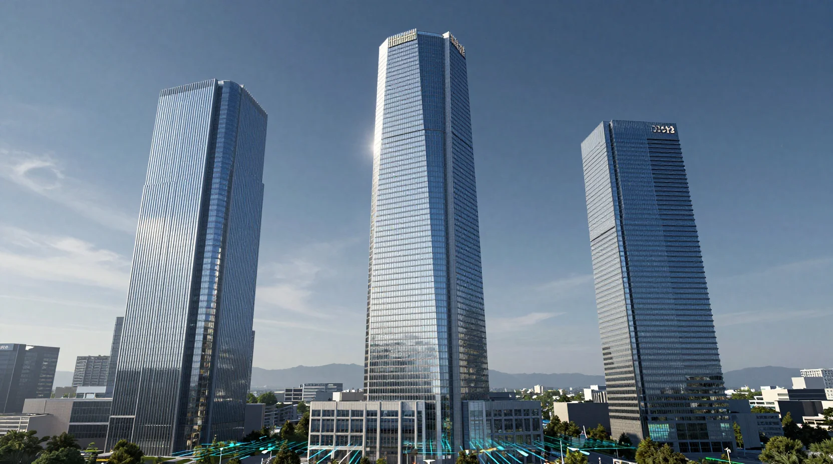 Visualization of corporate towers representing market capitalization rankings