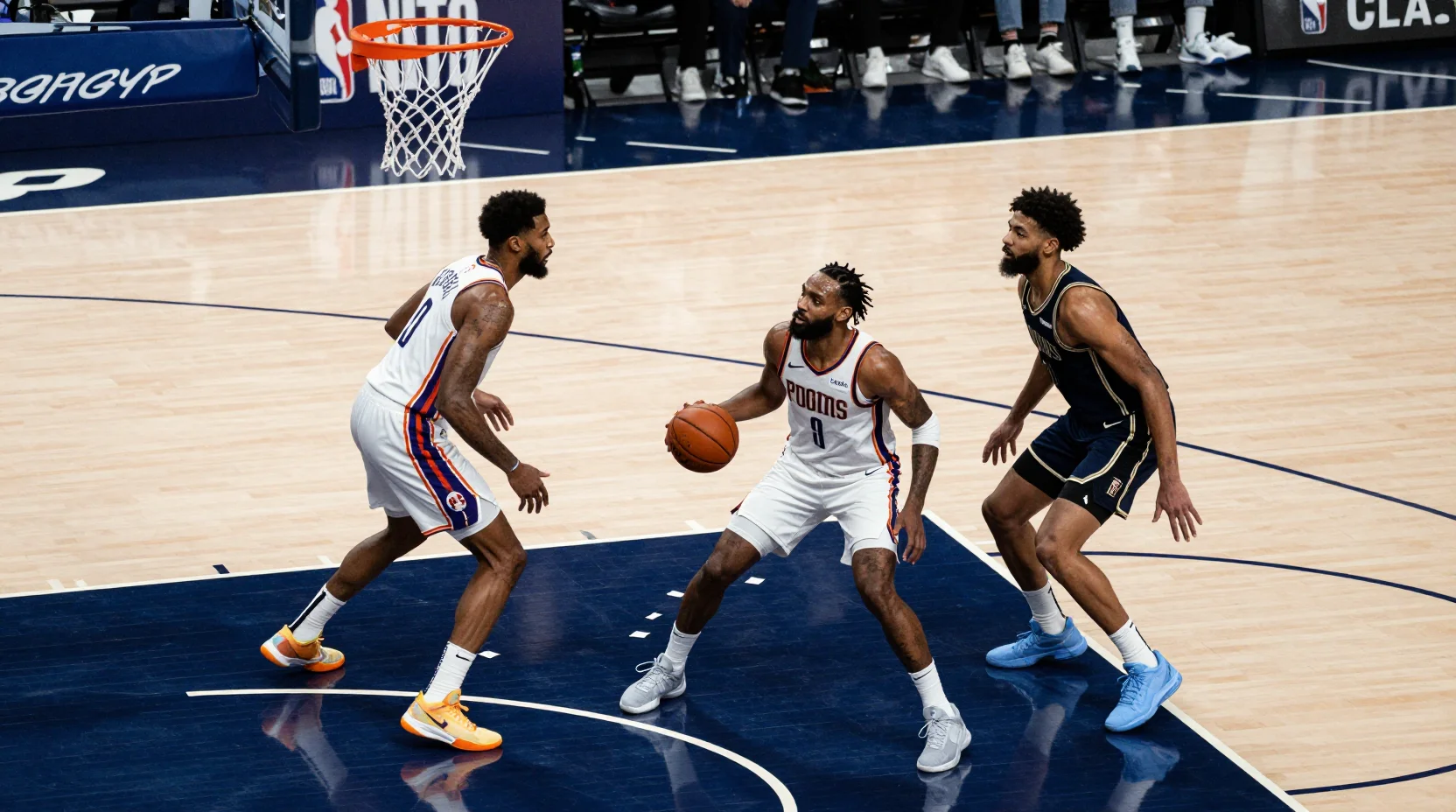 Intense NBA game scene with two teams in competitive action