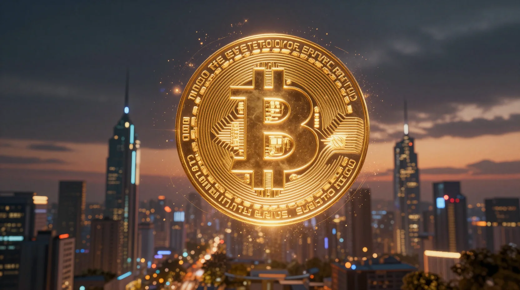 Bitcoin golden cosmic entity illuminating futuristic financial cityscape at dusk