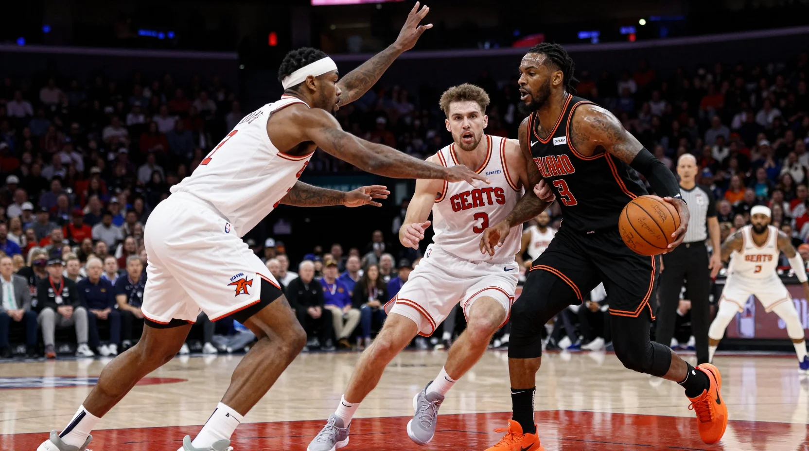 NBA basketball game illustration showing intense competition