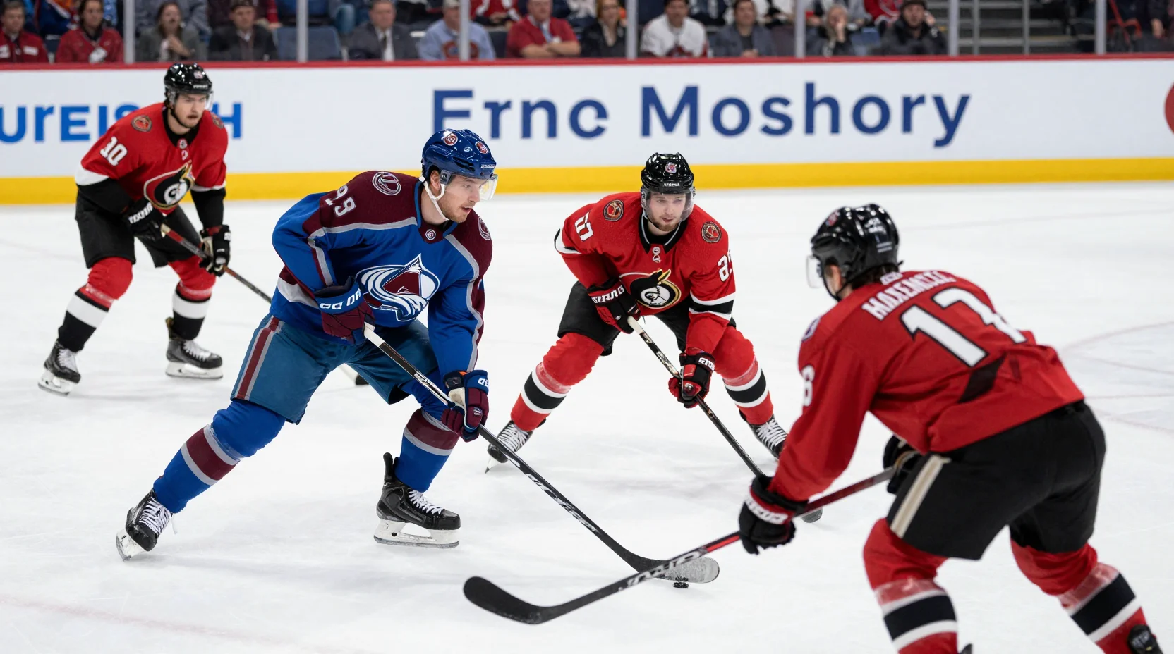 Intense NHL game action between Avalanche and Senators players on the ice