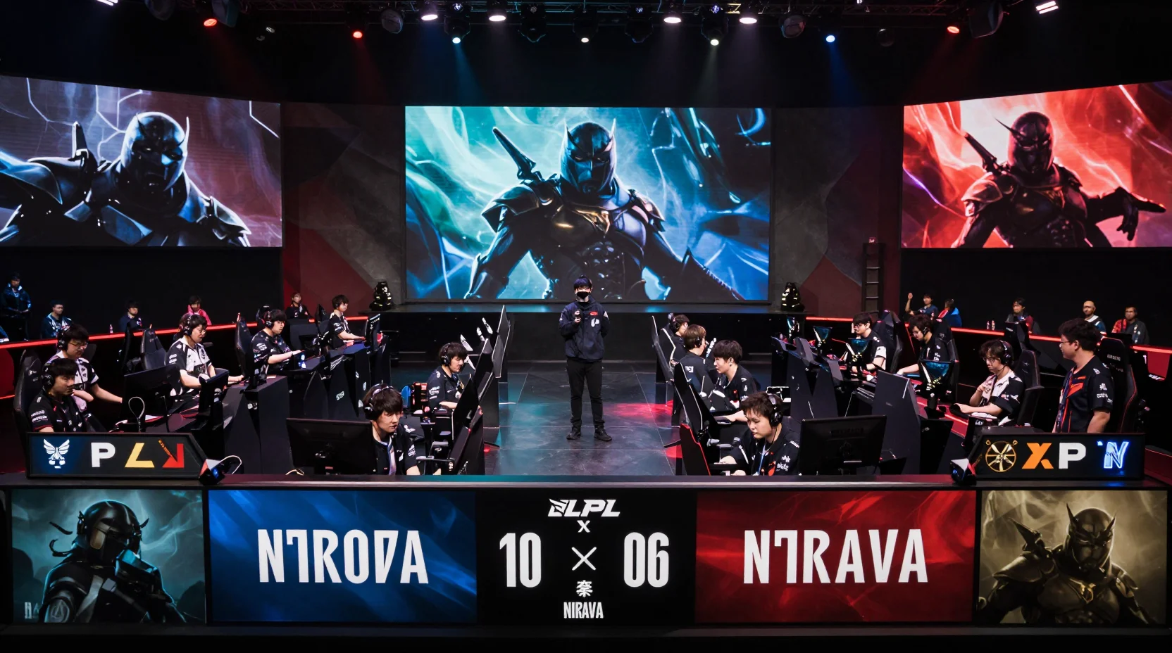 Electrifying League of Legends esports arena with dramatic blue and purple team colors, massive holographic displays, and intense competitive atmosphere