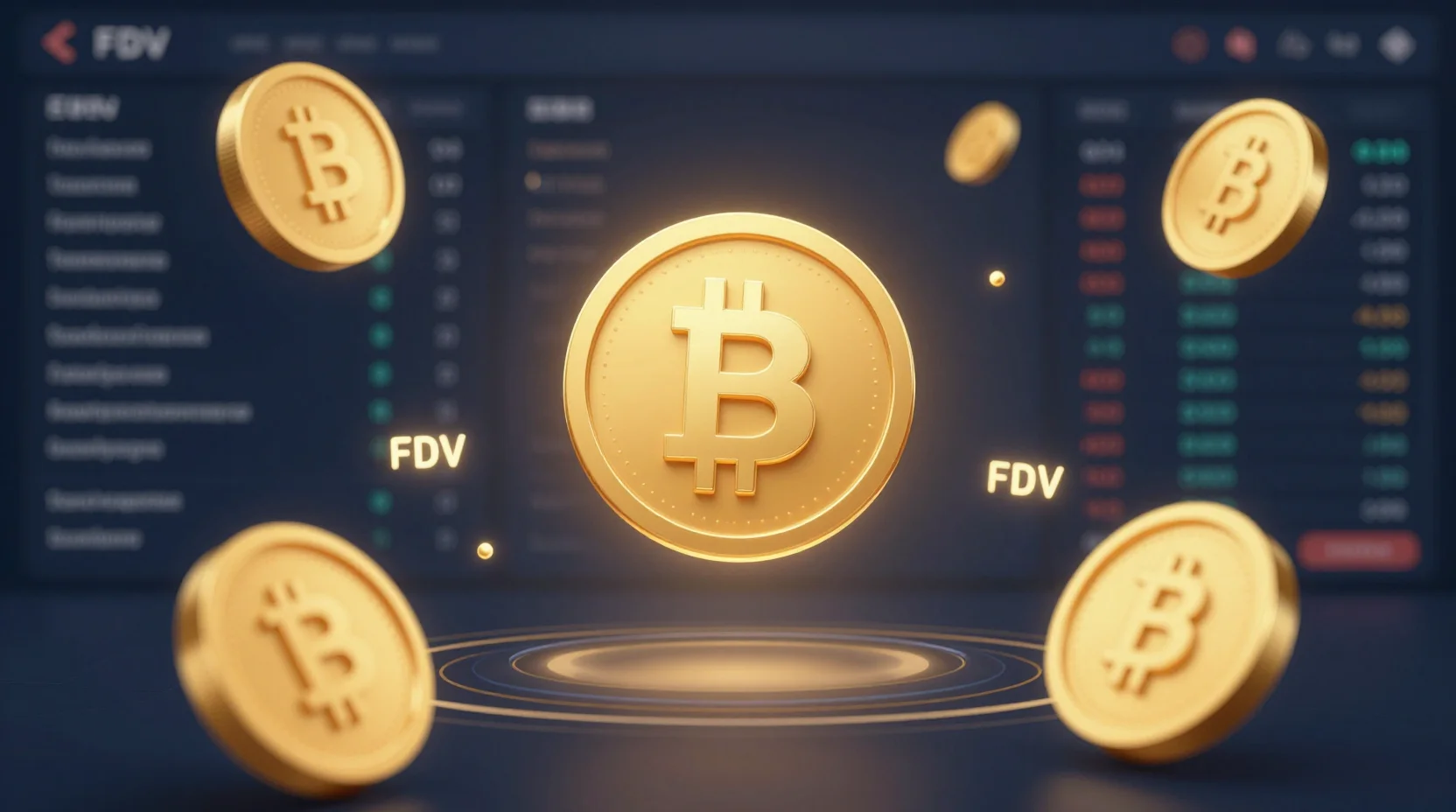 Digital marketplace visualization showing cryptocurrency tokens with FDV labels in a trading floor environment