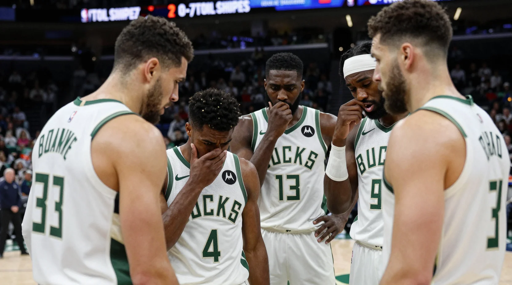 NBA arena scene showing the tension and uncertainty surrounding the Bucks franchise