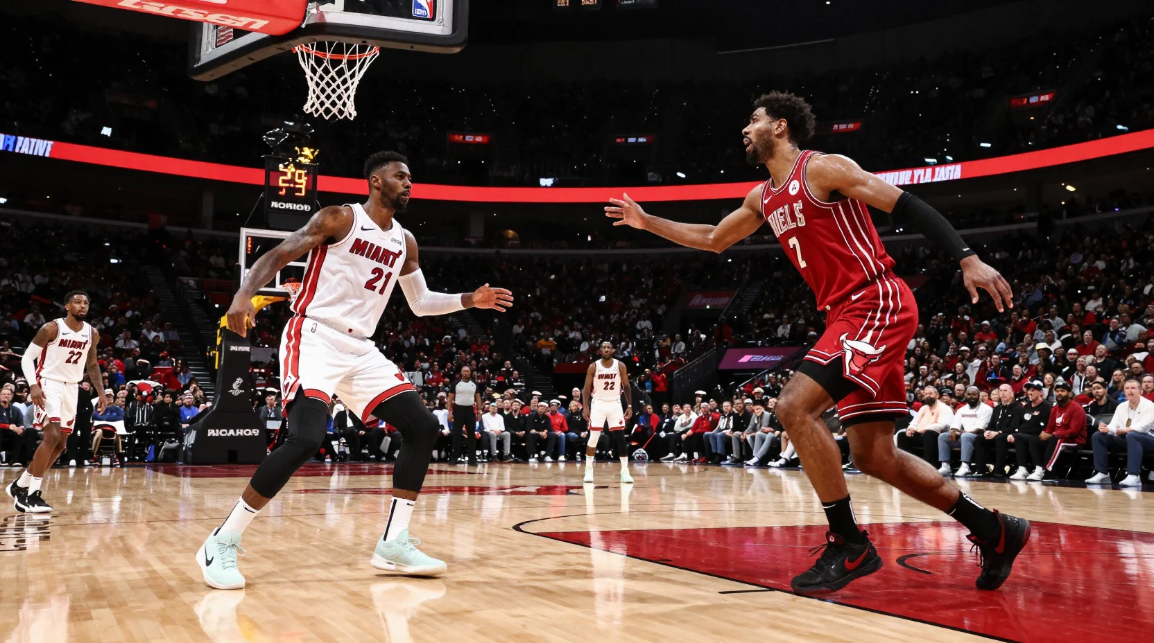 Dramatic basketball arena scene showing intense Heat vs Bulls matchup