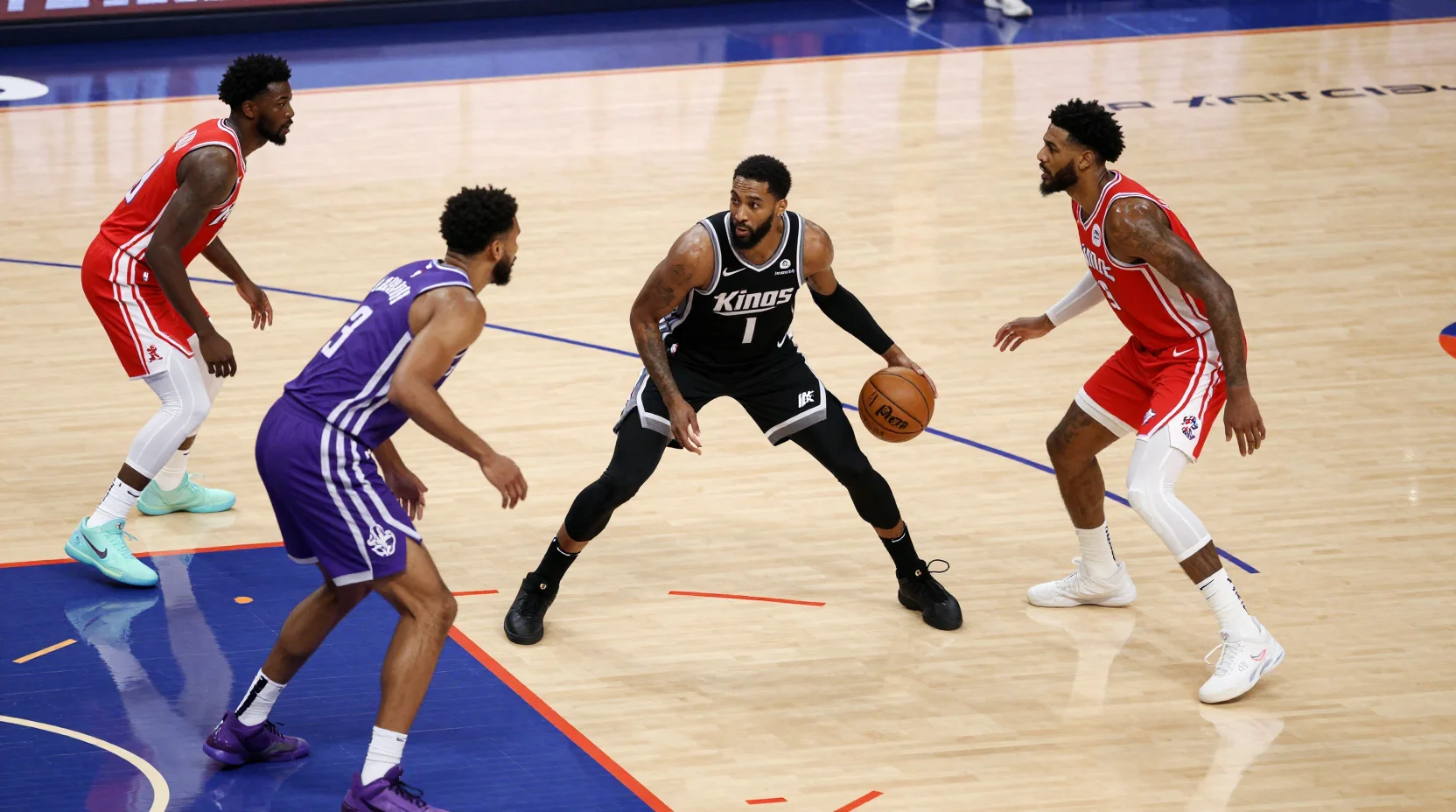 NBA basketball game scene with two teams competing on court