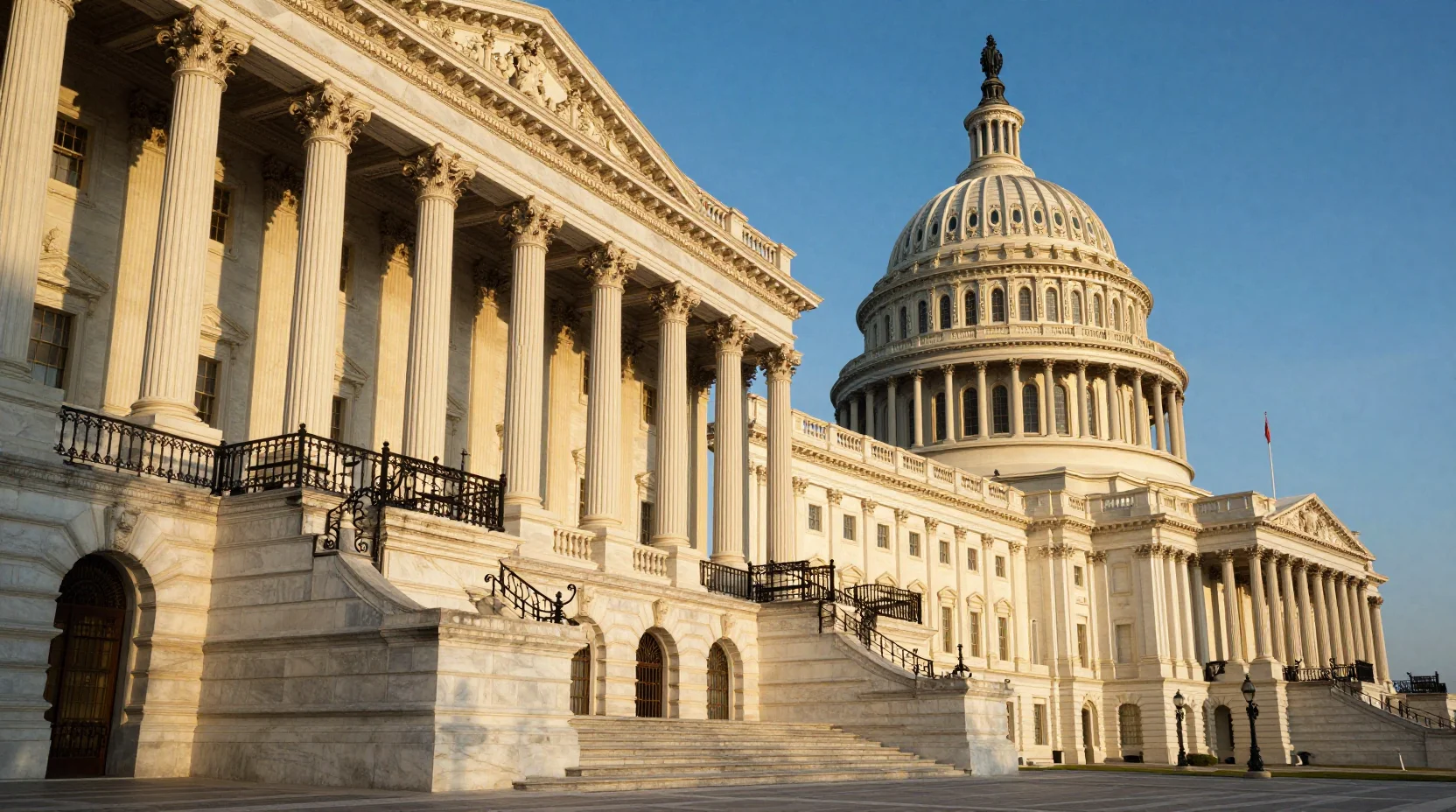 United States Capitol building at golden hour with dramatic sky
