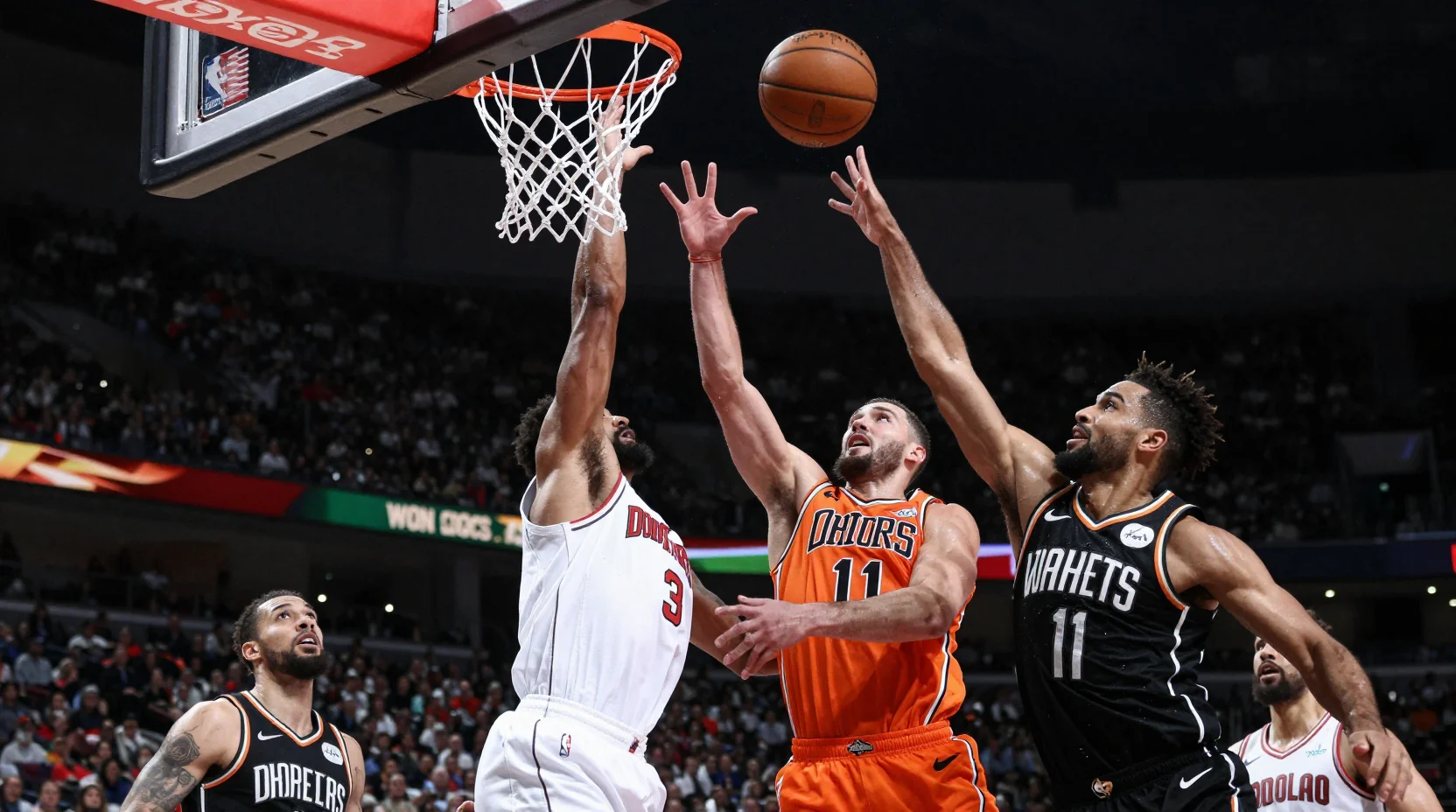 Intense NBA basketball game moment with players battling under the basket