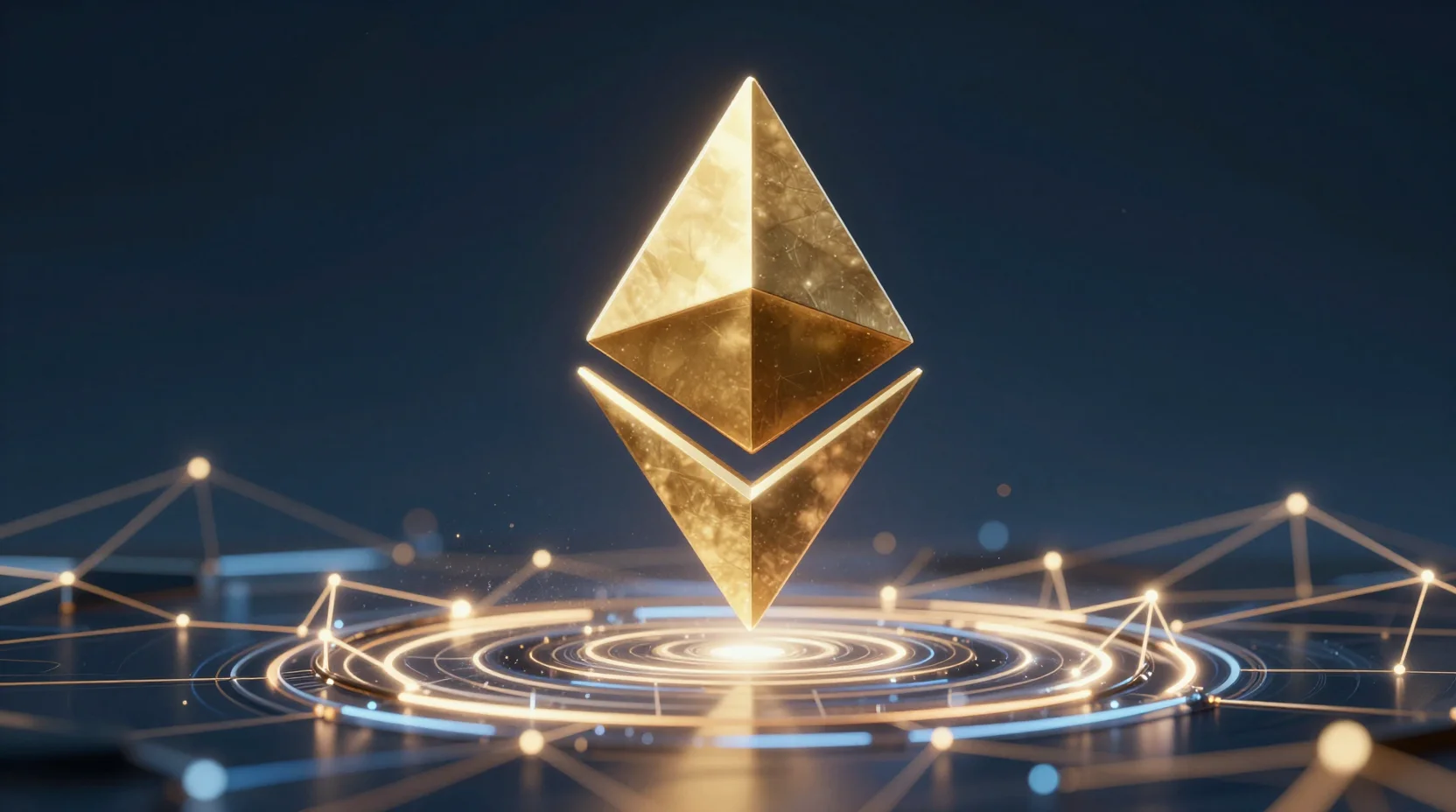 Ethereum blockchain network visualization with golden crystal logo