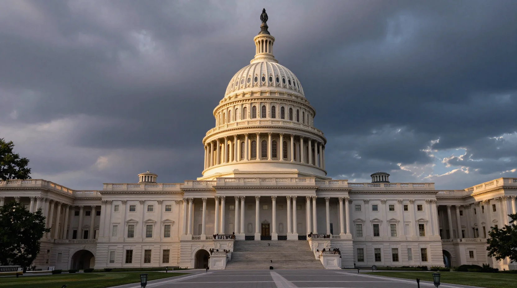 US Capitol building at dusk with storm clouds, symbolizing government shutdown uncertainty