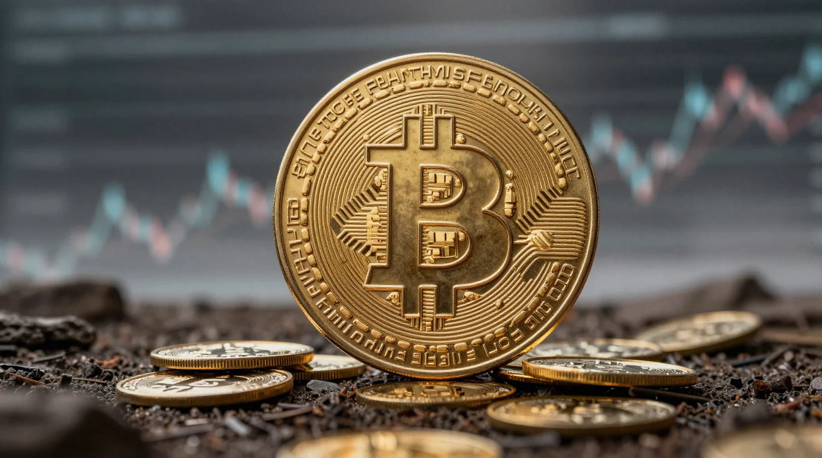 Bitcoin struggles against market forces in this digital illustration showing the cryptocurrency caught between rising gold and AI competition