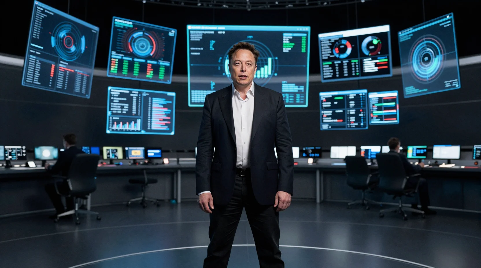 Elon Musk at digital command center surrounded by social media analytics