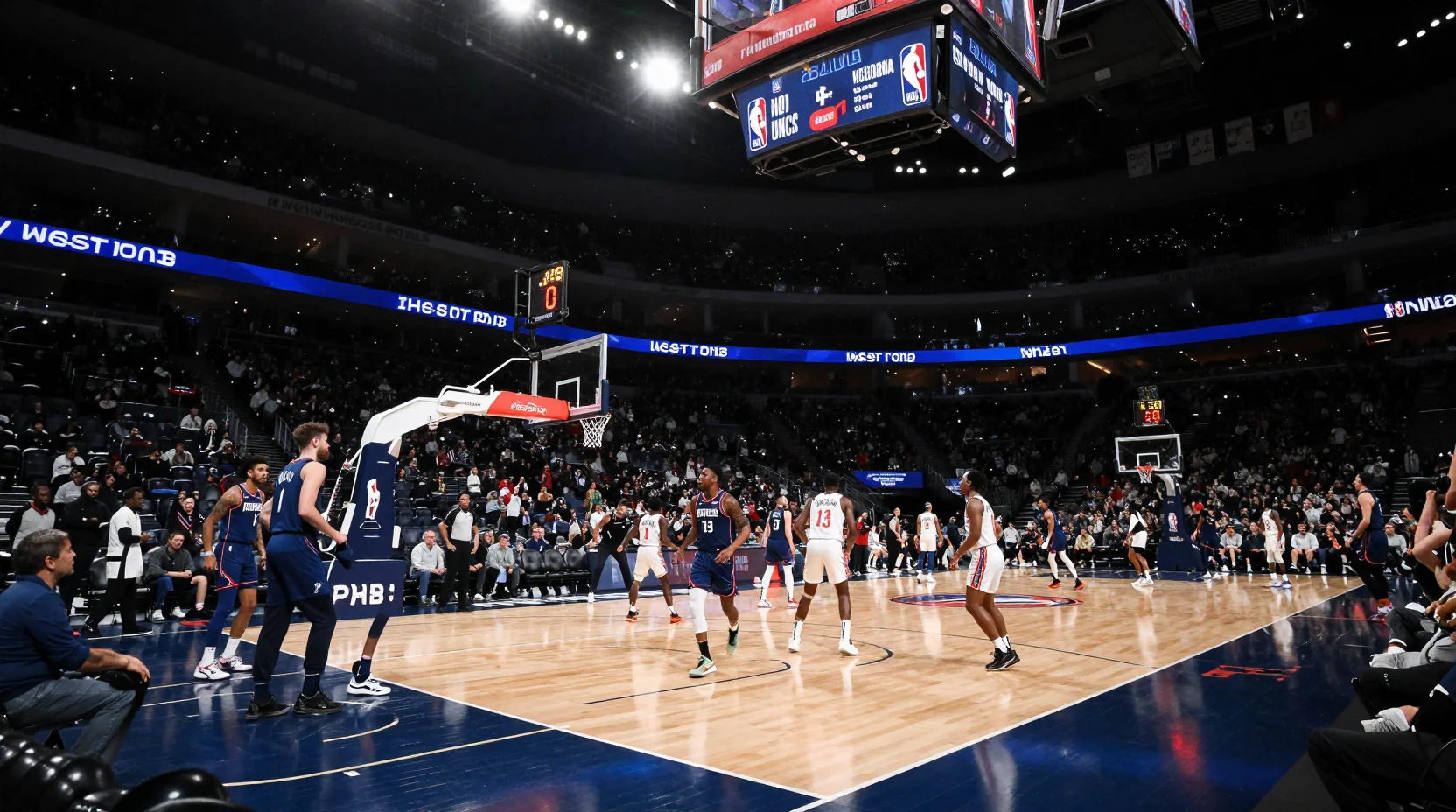 NBA basketball arena scene showing game intensity between Pistons and Suns