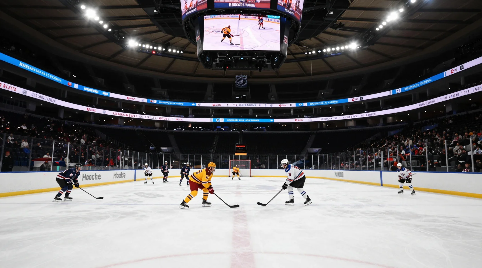 Madison Square Garden hockey arena scene with Islanders and Rangers facing off in an intense rivalry game