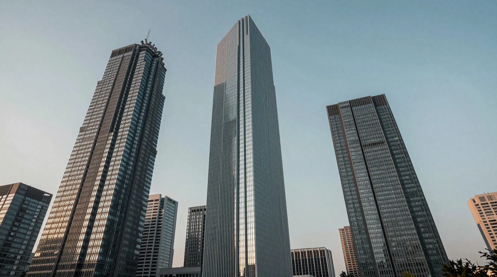 Three corporate towers competing for market dominance, with Apple's central tower rising highest at dawn