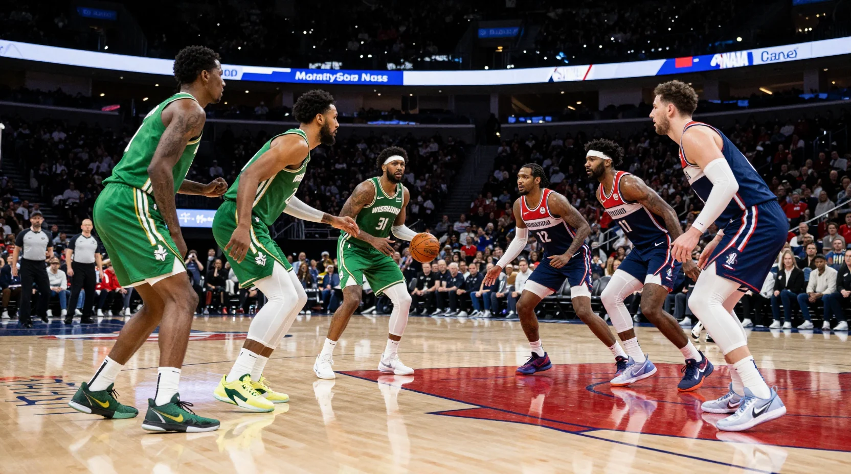 Dramatic NBA arena scene showing intense competition between two teams