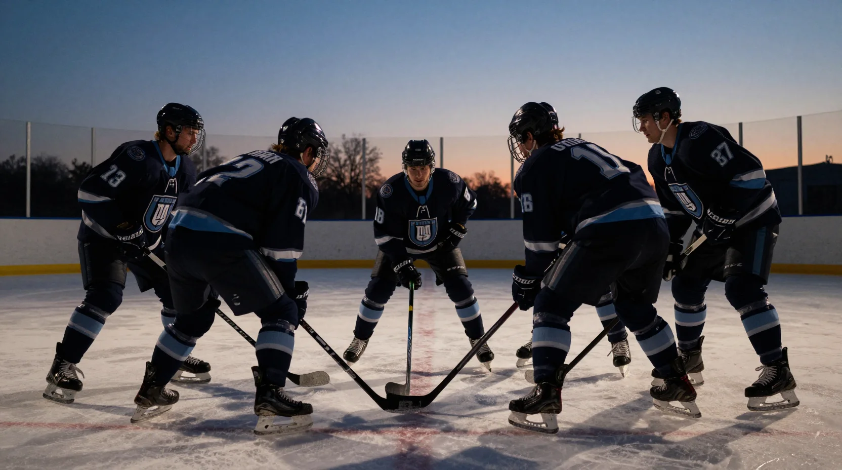 Dramatic hockey rink scene showing intense faceoff moment between Utah and Carolina
