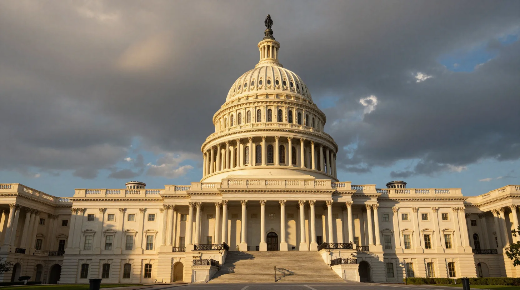 US Capitol building at golden hour with dramatic clouds