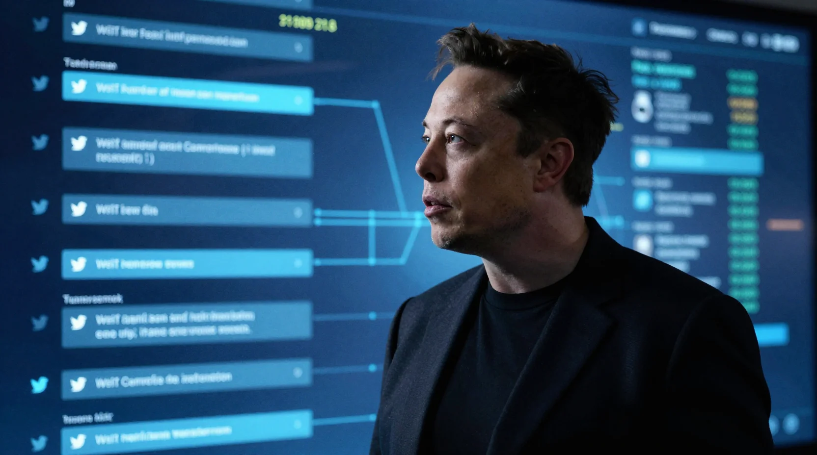Elon Musk digital interface with tweet activity visualization