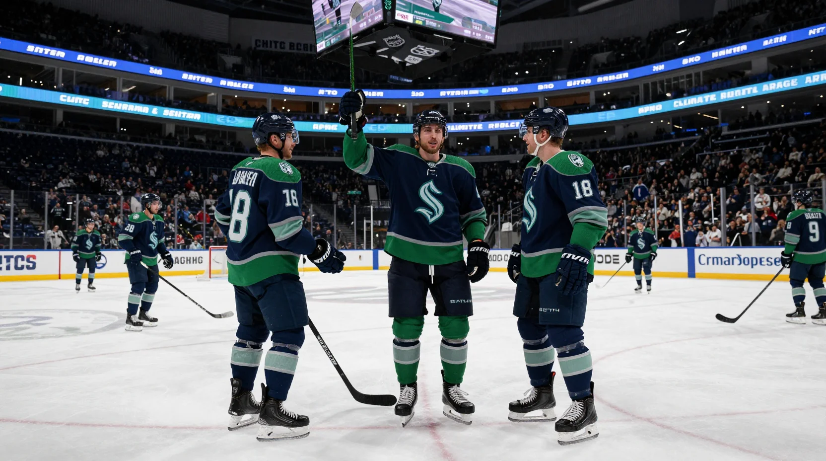 Seattle Kraken celebrating victory at Climate Pledge Arena