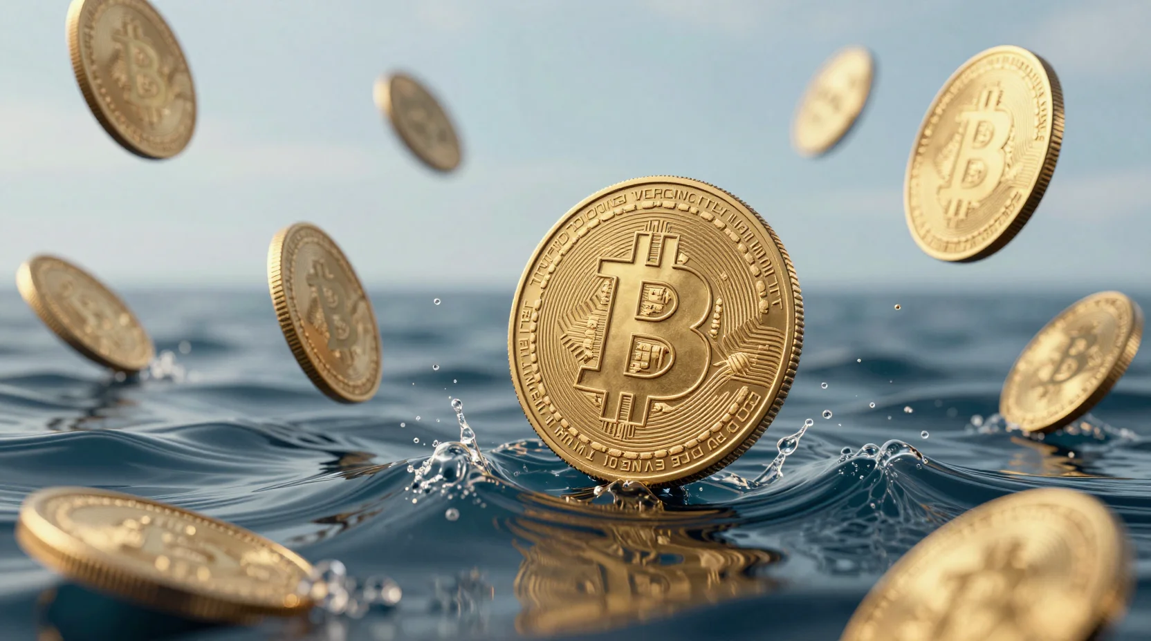 Digital landscape showing Bitcoin under selling pressure with golden coins in turbulent digital seas