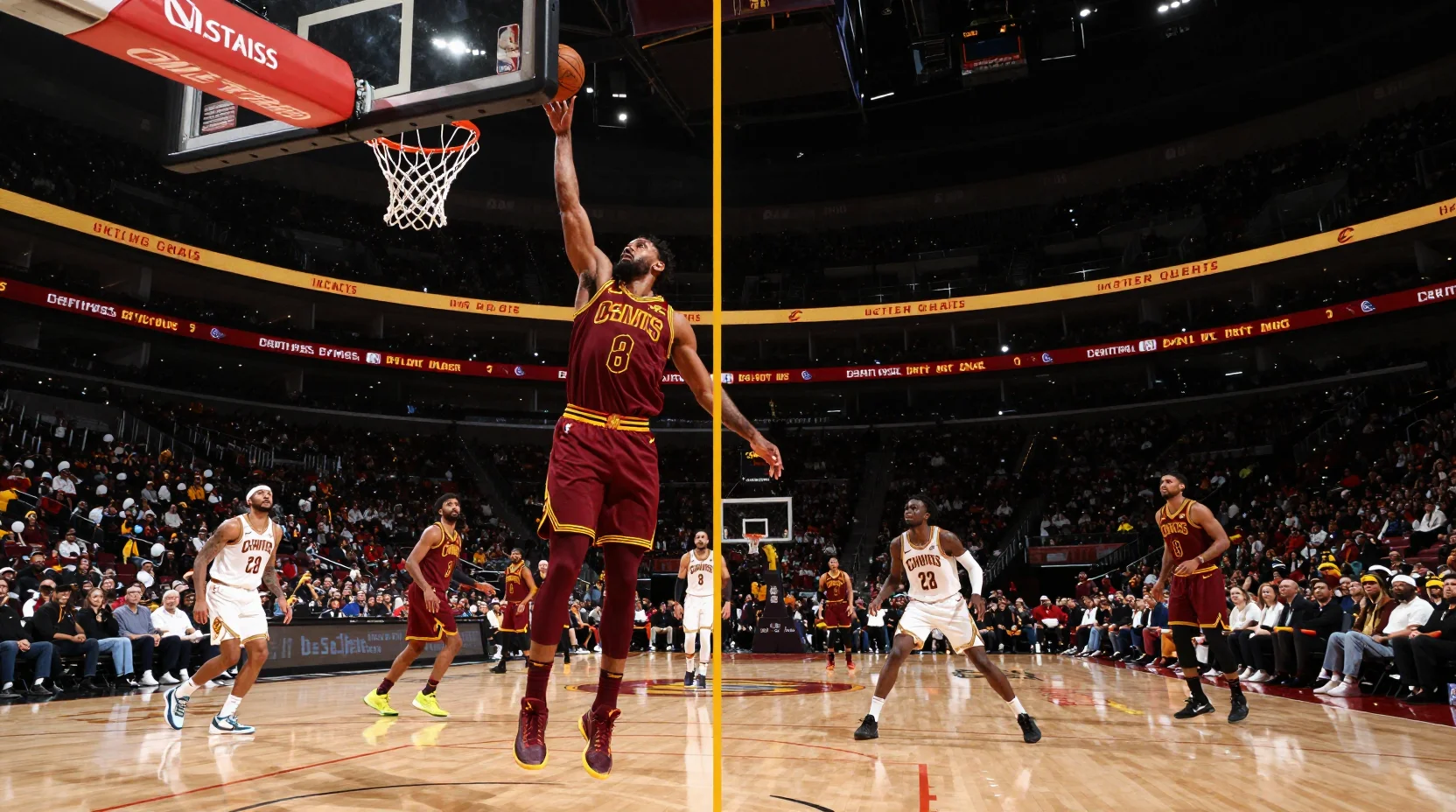 NBA arena scene showing Cavaliers and Suns preparing for game with both teams missing key players