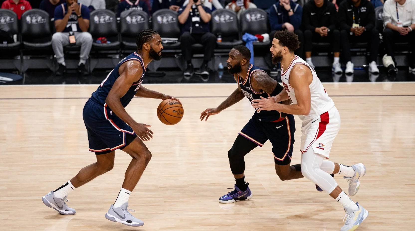 Intense NBA game scene showing Clippers and Nuggets competing