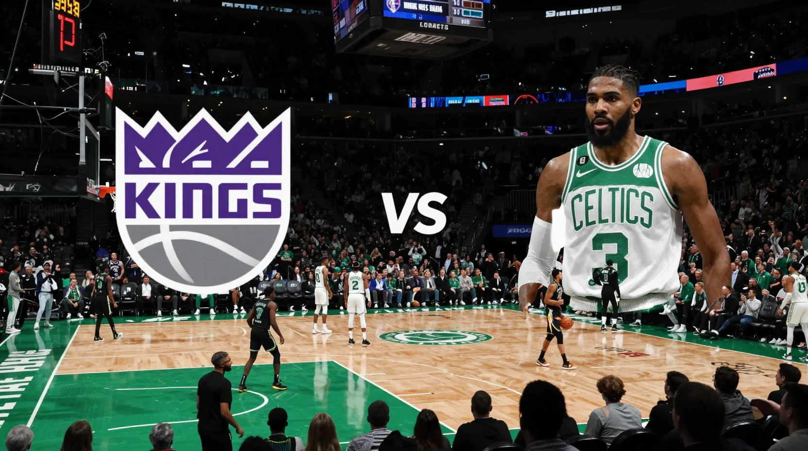 Dramatic basketball arena scene showing the intense atmosphere before a Sacramento Kings vs Boston Celtics matchup