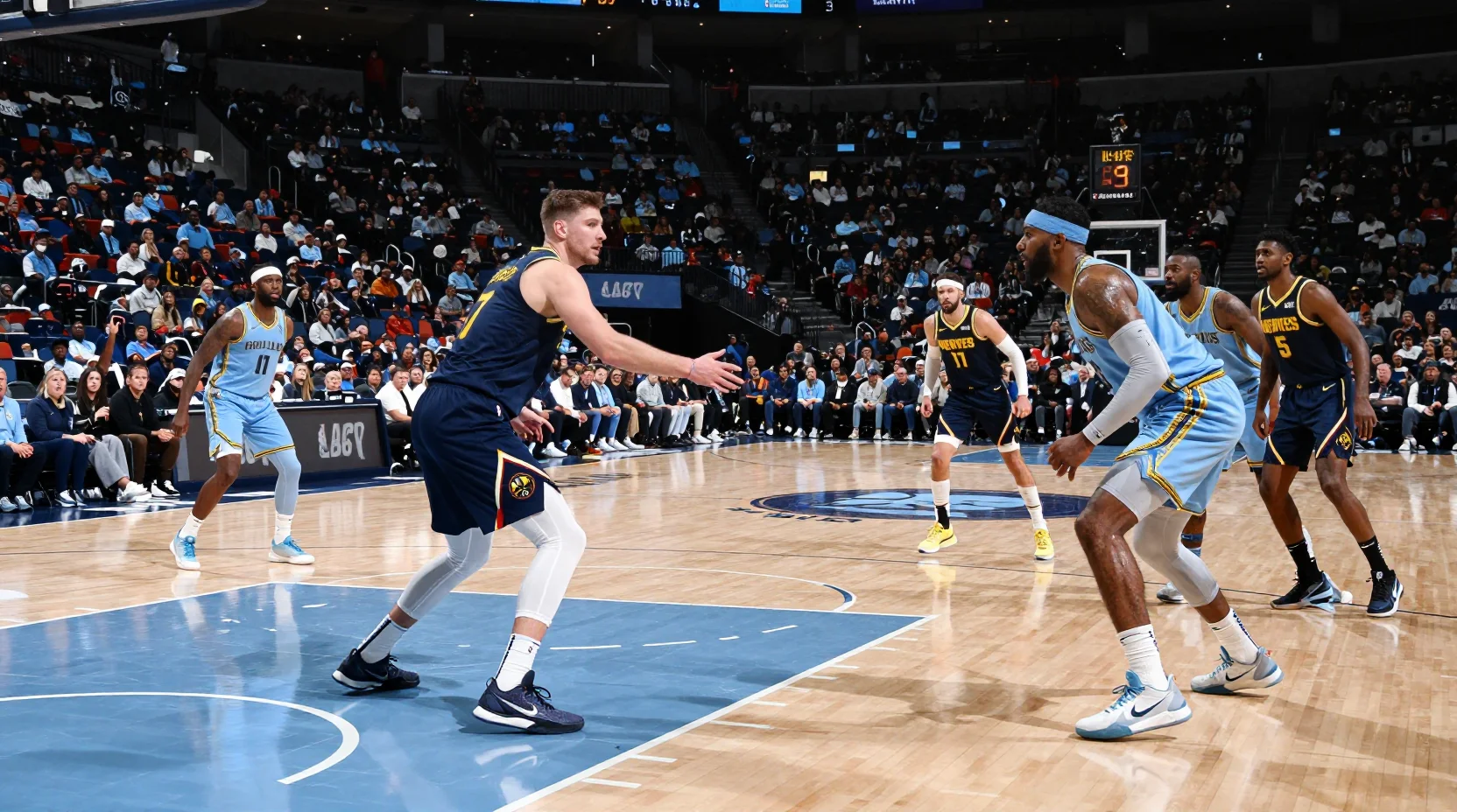 Intense NBA game action scene showing competitive basketball atmosphere