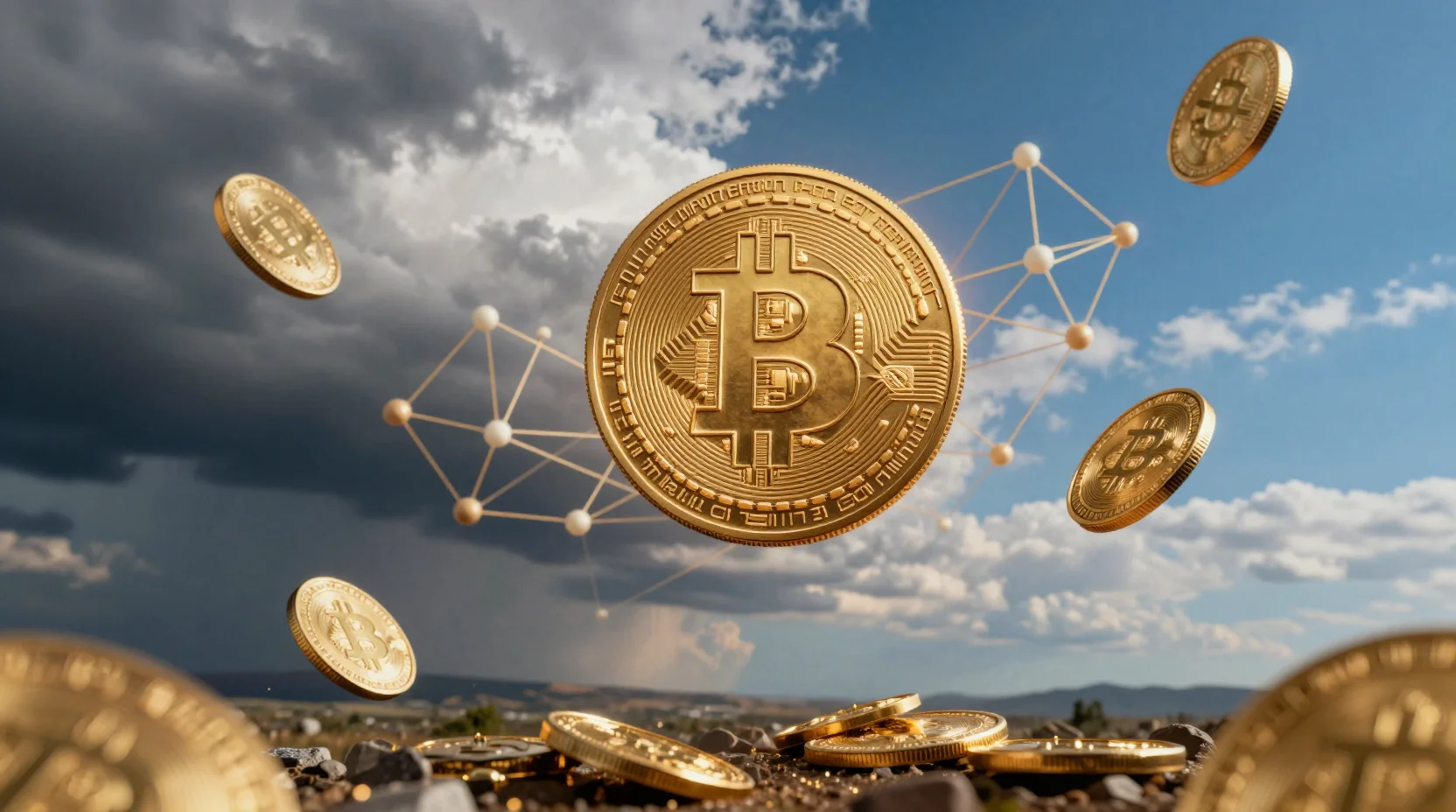 Digital landscape showing Bitcoin at a critical transition point between stormy volatility and hopeful breakthrough